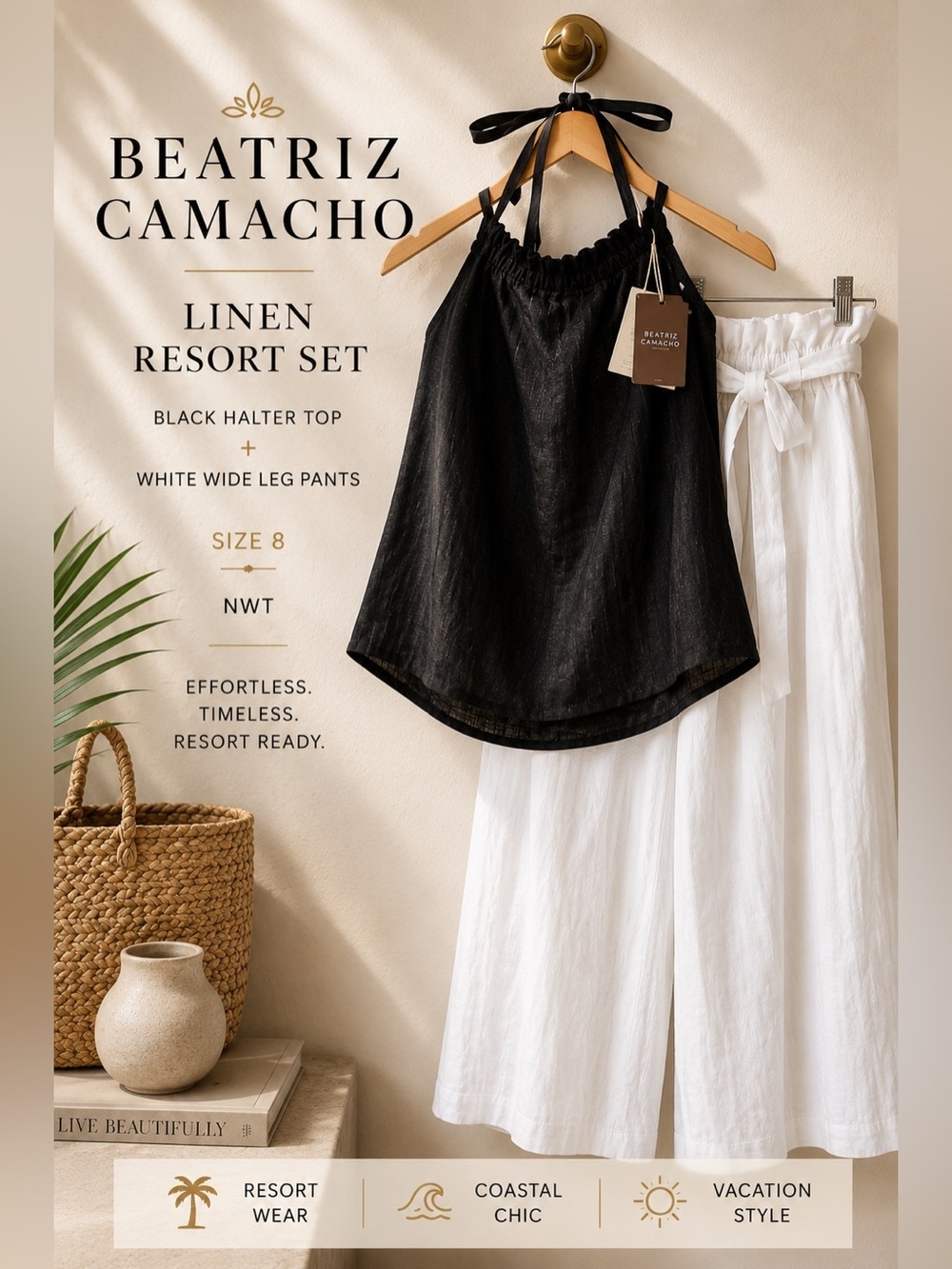 Beatriz Camacho NWT Linen Resort Set Black Halter Top & White Wide Leg Pants 8